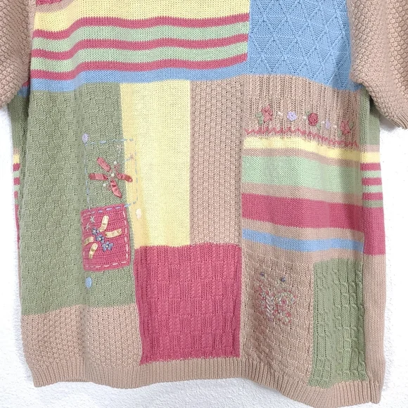 Koret Vintage Patchwork Knit Blouse – Cottagecore Grandmacore Top – Pink & Cream - Picture 6 of 13